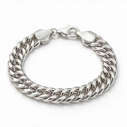 925 sterling silver thick double-row Cuban curb chain bracelet, product photo on white background