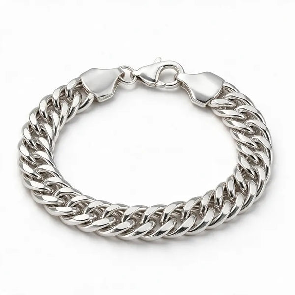 925 sterling silver thick double-row Cuban curb chain bracelet, product photo on white background