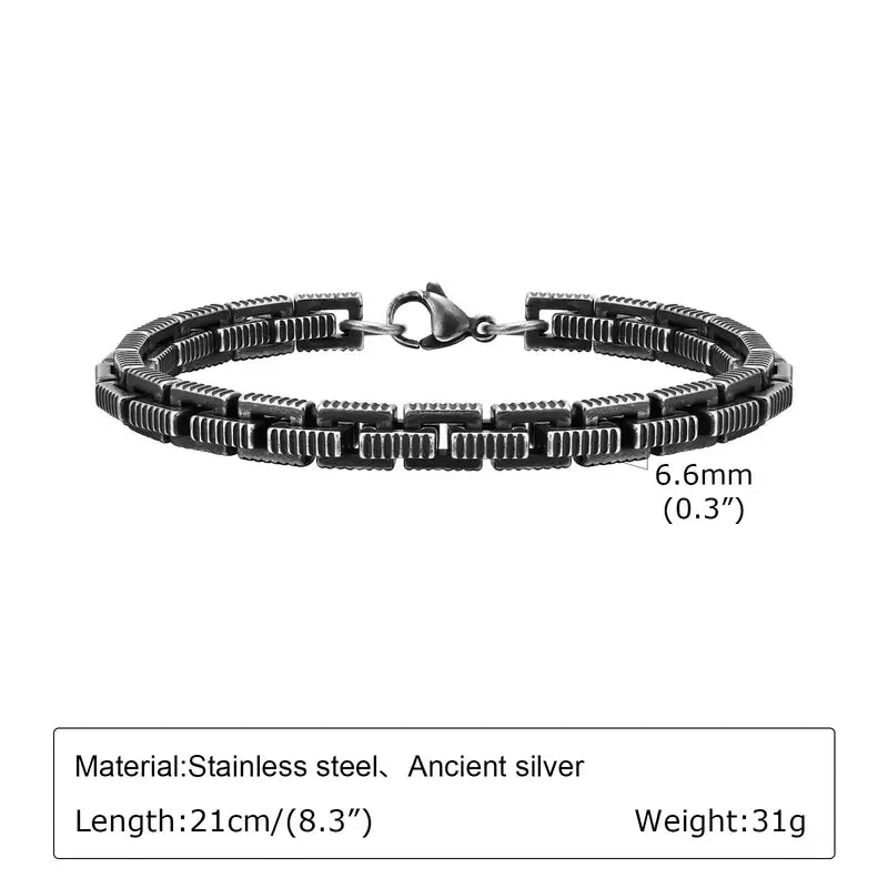 6.6mm oxidized stainless steel box chain bracelet with ridged rectangular links, 21cm