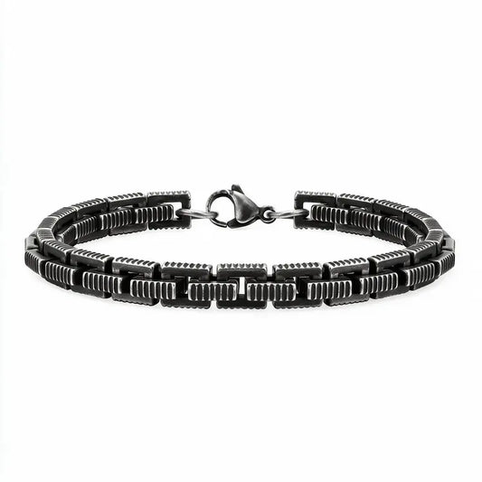 6.6mm oxidized stainless steel box chain bracelet with ridged rectangular links, product photo on white background