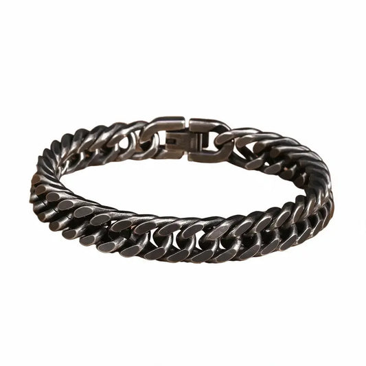 12mm oxidized gunmetal stainless steel Cuban double-curb link bracelet, product photo on white background
