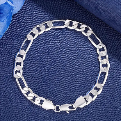 925 sterling silver flat figaro chain bracelet with alternating curb and bar links