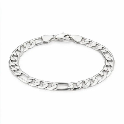 925 sterling silver flat figaro chain bracelet with alternating curb and bar links, product photo on white background