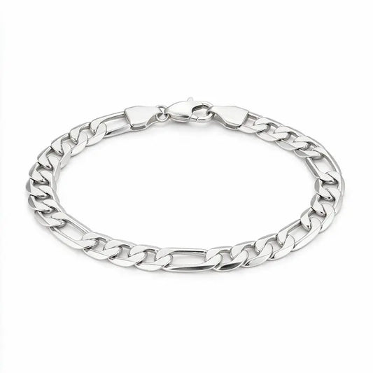 925 sterling silver flat figaro chain bracelet with alternating curb and bar links, product photo on white background