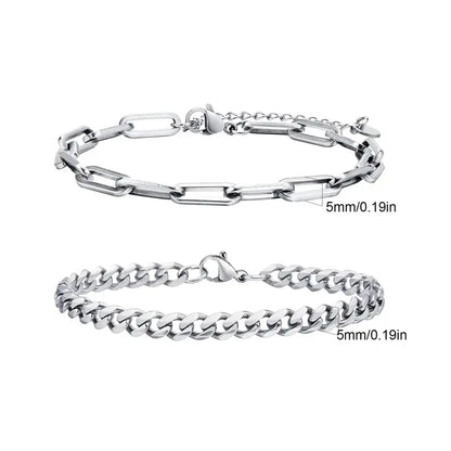 Silver paperclip chain and Cuban curb chain bracelet set, Set 2