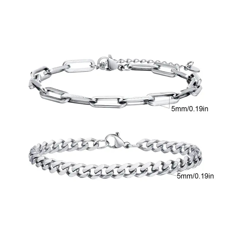 Silver paperclip chain and Cuban curb chain bracelet set, Set 2