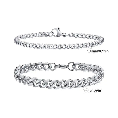 Thin and thick silver Cuban curb chain bracelet set, Set 4