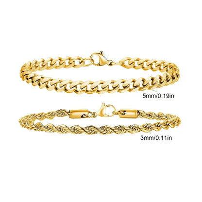 Gold twisted rope chain and Cuban curb chain bracelet set, Set 1