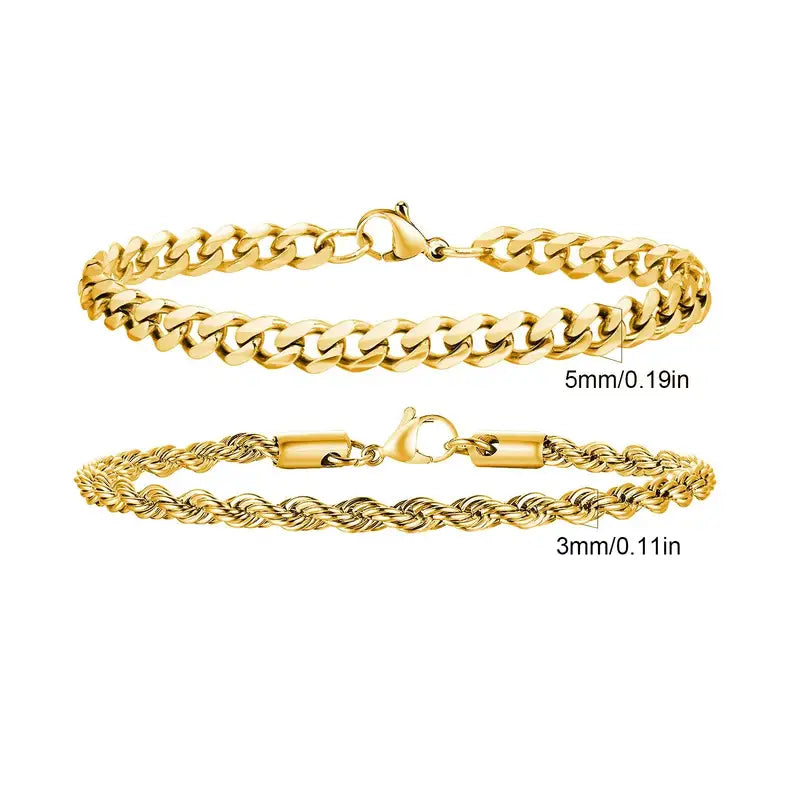 Gold twisted rope chain and Cuban curb chain bracelet set, Set 1