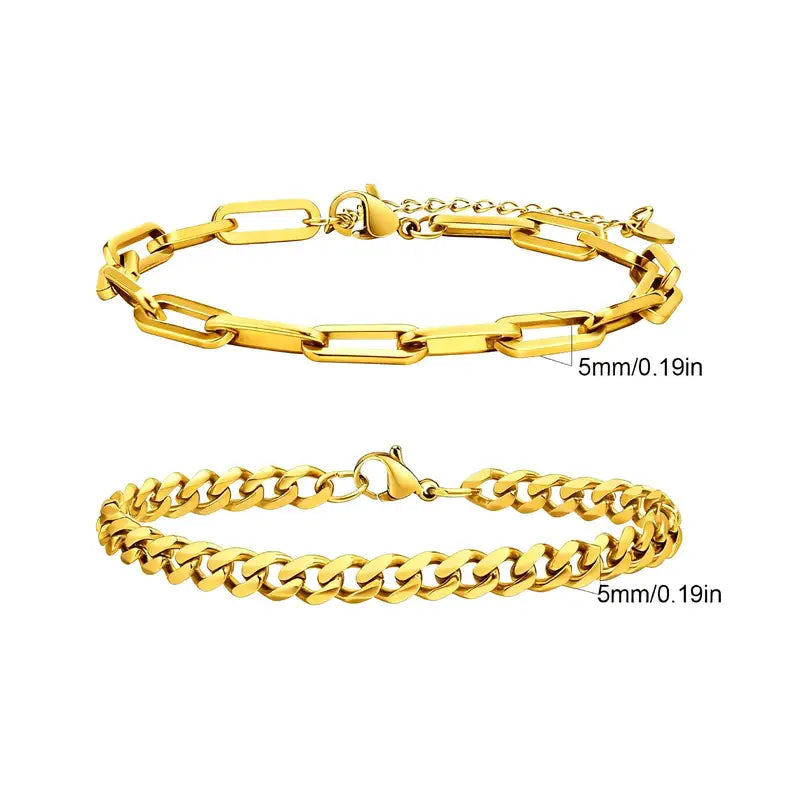 Gold paperclip chain and Cuban curb chain bracelet set, Set 2