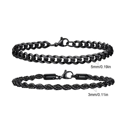 Black twisted rope chain and Cuban curb chain bracelet set, Set 1