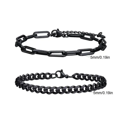 Black paperclip chain and Cuban curb chain bracelet set, Set 2