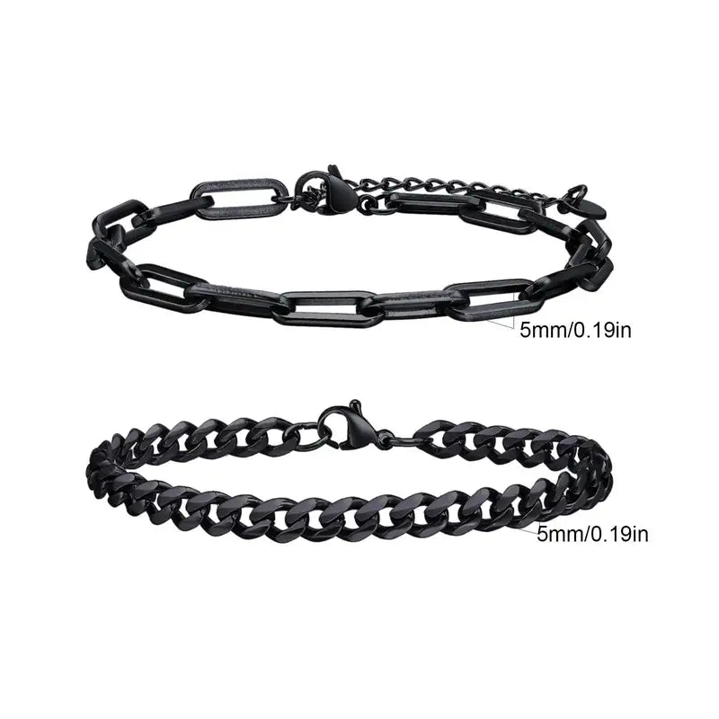 Black paperclip chain and Cuban curb chain bracelet set, Set 2