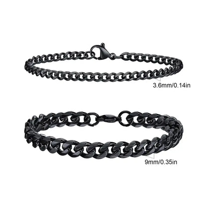 Thin and thick black Cuban curb chain bracelet set, Set 4