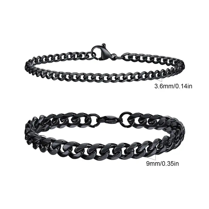 Thin and thick black Cuban curb chain bracelet set, Set 4