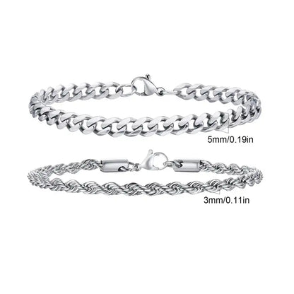 Silver twisted rope chain and Cuban curb chain bracelet set, Set 1