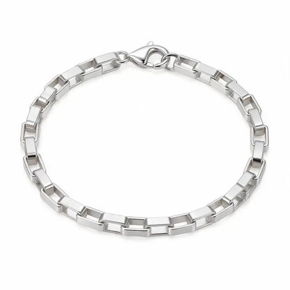 925 sterling silver rectangular box-link chain bracelet with a lobster clasp, product photo on white background