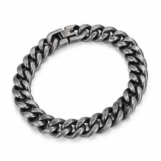 Mens Bracelet Chain – Drift Cuban Curb Bracelet, 10mm oxidized stainless steel curb chain with fold-over clasp