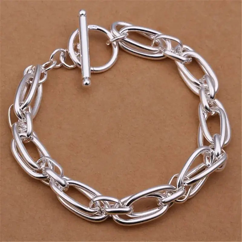 925 sterling silver oval belcher link chain bracelet with a T-bar toggle clasp