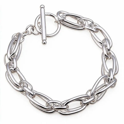 925 sterling silver oval belcher link chain bracelet with a T-bar toggle clasp, product photo on white background