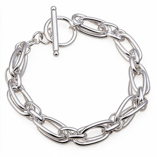 925 sterling silver oval belcher link chain bracelet with a T-bar toggle clasp, product photo on white background