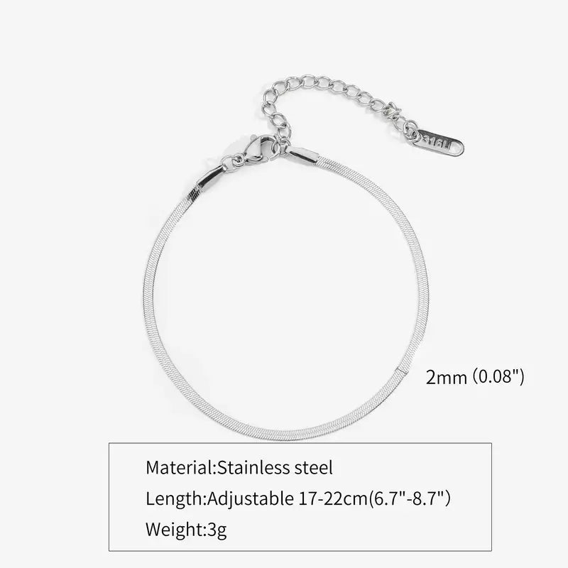 Silver flat herringbone chain bracelet, 2mm width