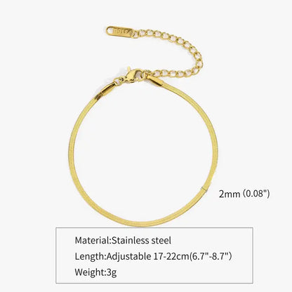 Gold flat herringbone chain bracelet, 2mm width
