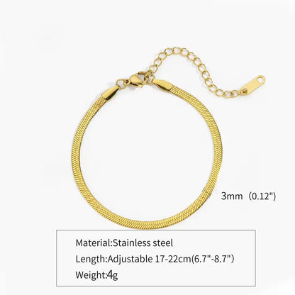 Gold flat herringbone chain bracelet, 3mm width