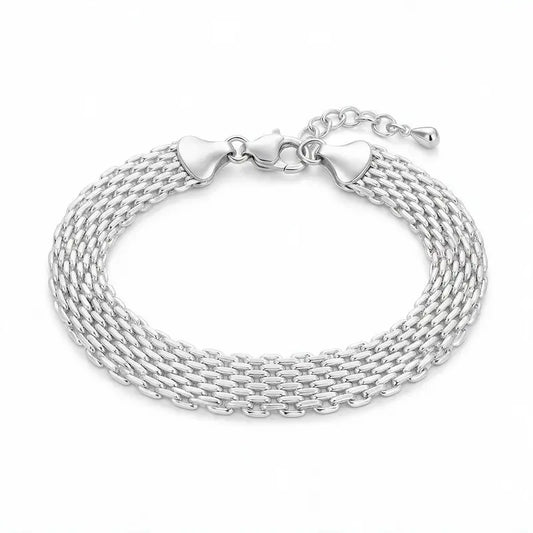 925 sterling silver wide woven mesh chain bracelet with cone end caps and lobster clasp, product photo on white background