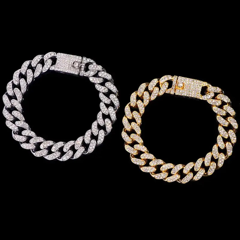 Silver and gold iced-out Cuban link bracelets shown side by side