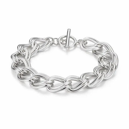 925 sterling silver chunky interlocking link chain bracelet with a T-bar toggle clasp, product photo on white background