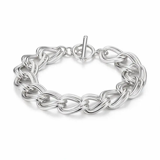 925 sterling silver chunky interlocking link chain bracelet with a T-bar toggle clasp, product photo on white background