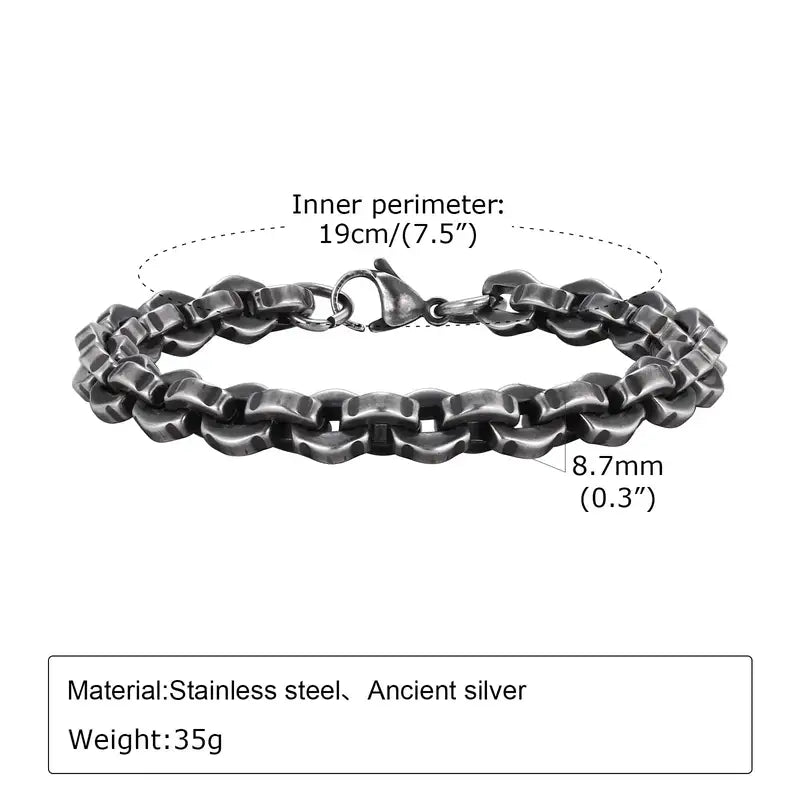 8.7mm oxidized stainless steel rolo box chain bracelet with rounded square links