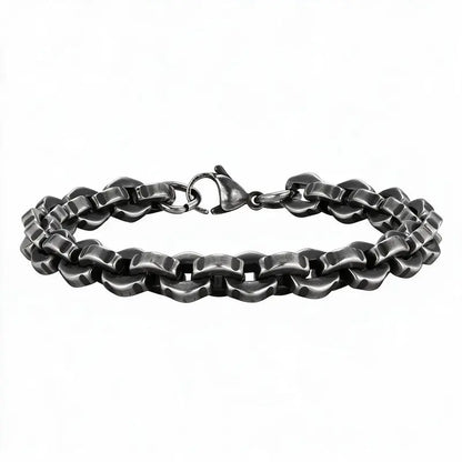 8.7mm oxidized stainless steel rolo box chain bracelet with rounded square links, product photo on white background