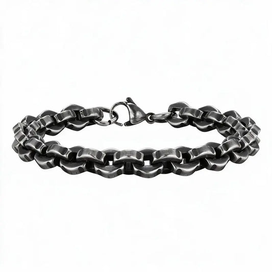 8.7mm oxidized stainless steel rolo box chain bracelet with rounded square links, product photo on white background