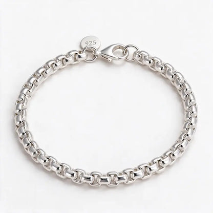 6mm polished stainless steel rounded box-link rolo chain bracelet with a 925 tag near the clasp, product photo on white background