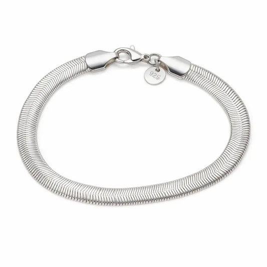 925 sterling silver wide flat herringbone chain bracelet with a lobster clasp, product photo on white background