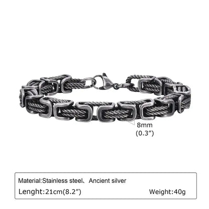 8mm oxidized stainless steel Byzantine bracelet with twisted cable links and rectangular connectors, 21cm