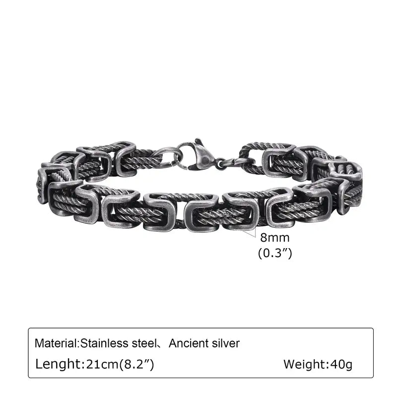 8mm oxidized stainless steel Byzantine bracelet with twisted cable links and rectangular connectors, 21cm
