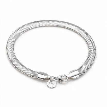 925 sterling silver round snake chain bracelet with a lobster clasp, product photo on white background