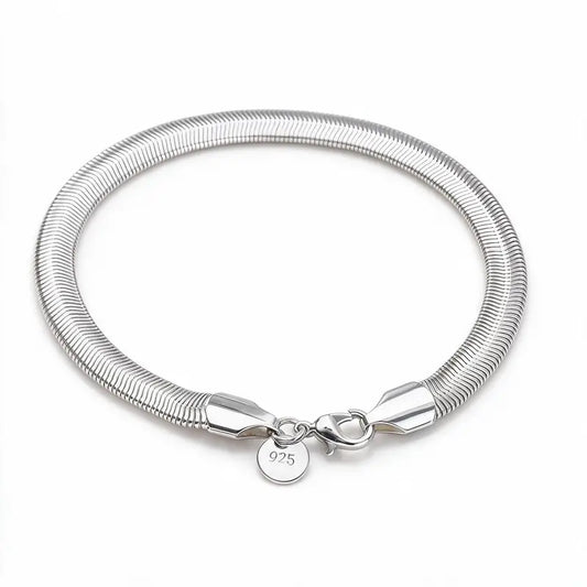 925 sterling silver round snake chain bracelet with a lobster clasp, product photo on white background