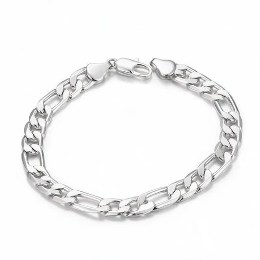 Silver figaro chain bracelet with textured curb links and lobster clasp, product photo on white background