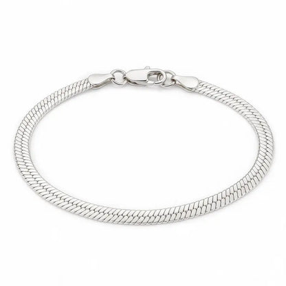 925 sterling silver thin flat herringbone chain bracelet with a lobster clasp, product photo on white background