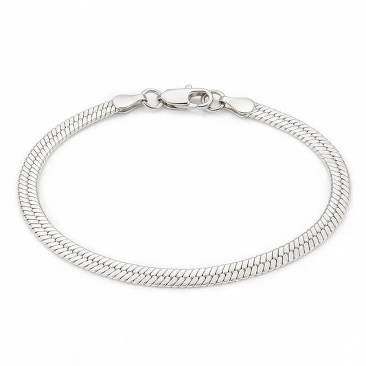 925 sterling silver thin flat herringbone chain bracelet with a lobster clasp, product photo on white background