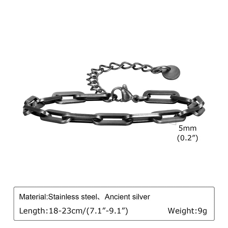 Thin 5mm oxidized stainless steel wheat chain bracelet with lobster clasp and adjustable extension chain