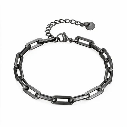 Thin 5mm oxidized stainless steel paperclip link chain bracelet with lobster clasp and adjustable extension chain, product photo on white background