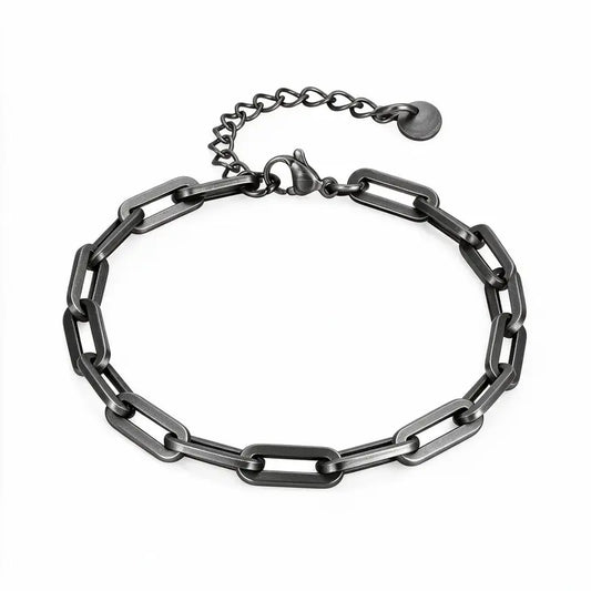 Thin 5mm oxidized stainless steel paperclip link chain bracelet with lobster clasp and adjustable extension chain, product photo on white background