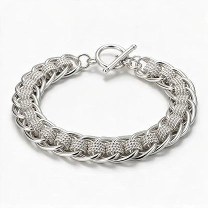 925 sterling silver thick braided rope-link chain bracelet with a T-bar toggle clasp, product photo on white background