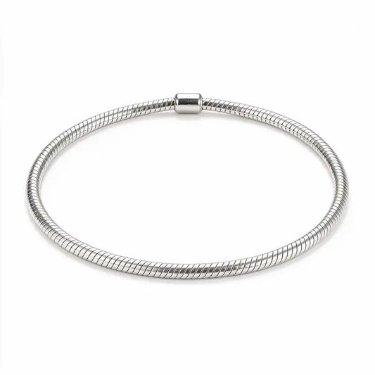 Silver round snake chain bracelet with barrel clasp, product photo on white background