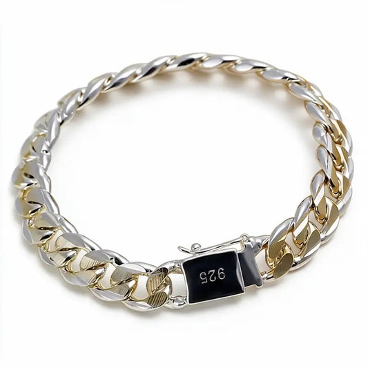 925 sterling silver two-tone gold and silver Cuban curb chain bracelet with a box clasp, product photo on white background